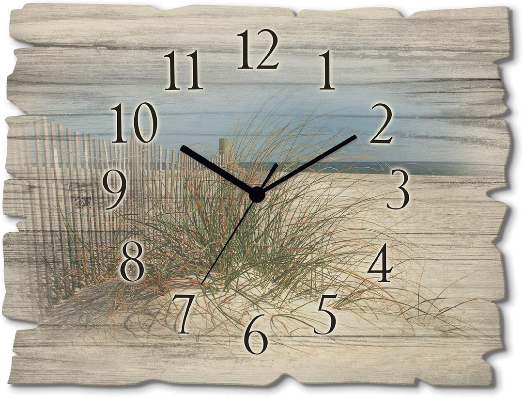ARTLAND Wanduhr ohne Tickgeräusche aus Holz Funkuhr 40x30 cm Rechteckig Lautlos Strand Meer Düne Grä