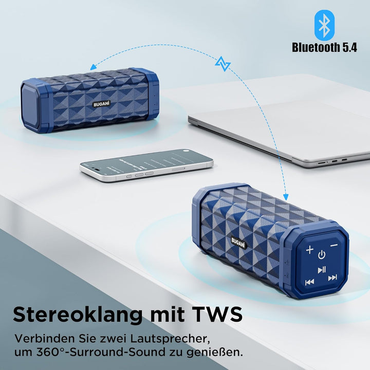 BUGANI Bluetooth Lautsprecher, Musikbox Bluetooth mit 5.4, 24H Stunden Akku, Bass-Treibern, IPX5 Was