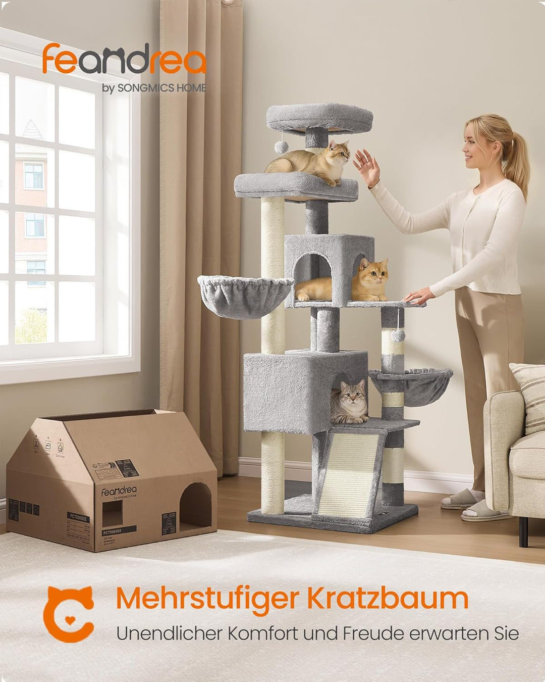 Feandrea Kratzbaum gross, 174 cm hoher Katzenbaum, mit grosser Plattform, Doppelhöhle, Taubengrau PC
