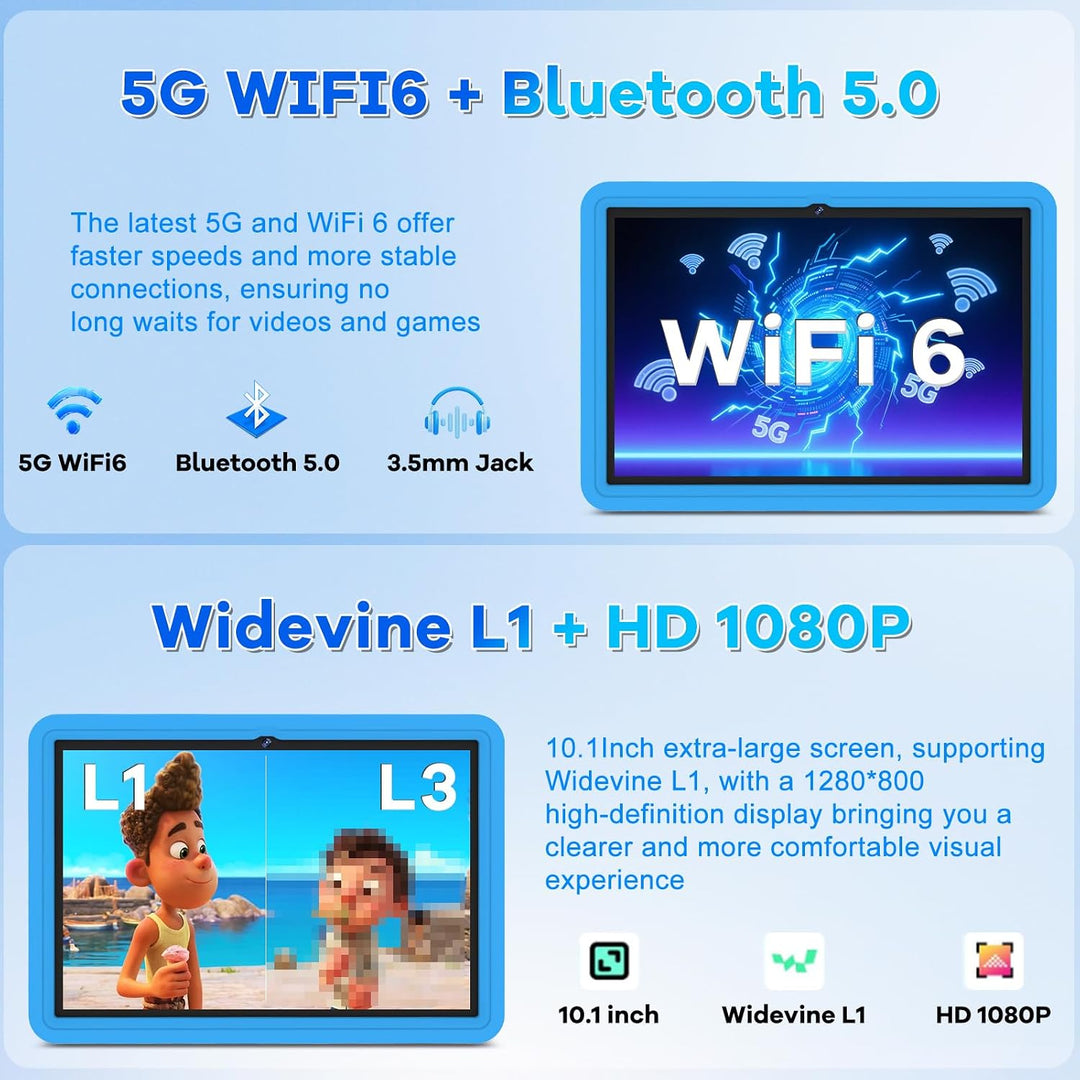 DMOAO Kinder Tablet 10 Zoll Android 15 mit 30GB RAM + 64GB ROM(2TB), 5G WLAN 6, Widevine L1, Elterli