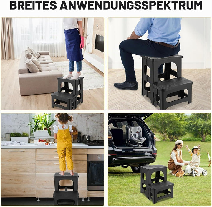 Tritthocker faltbar für Erwachsene, Rutschfester Klapphocker 2-stufig belastbar bis 180KG, Tragbarer