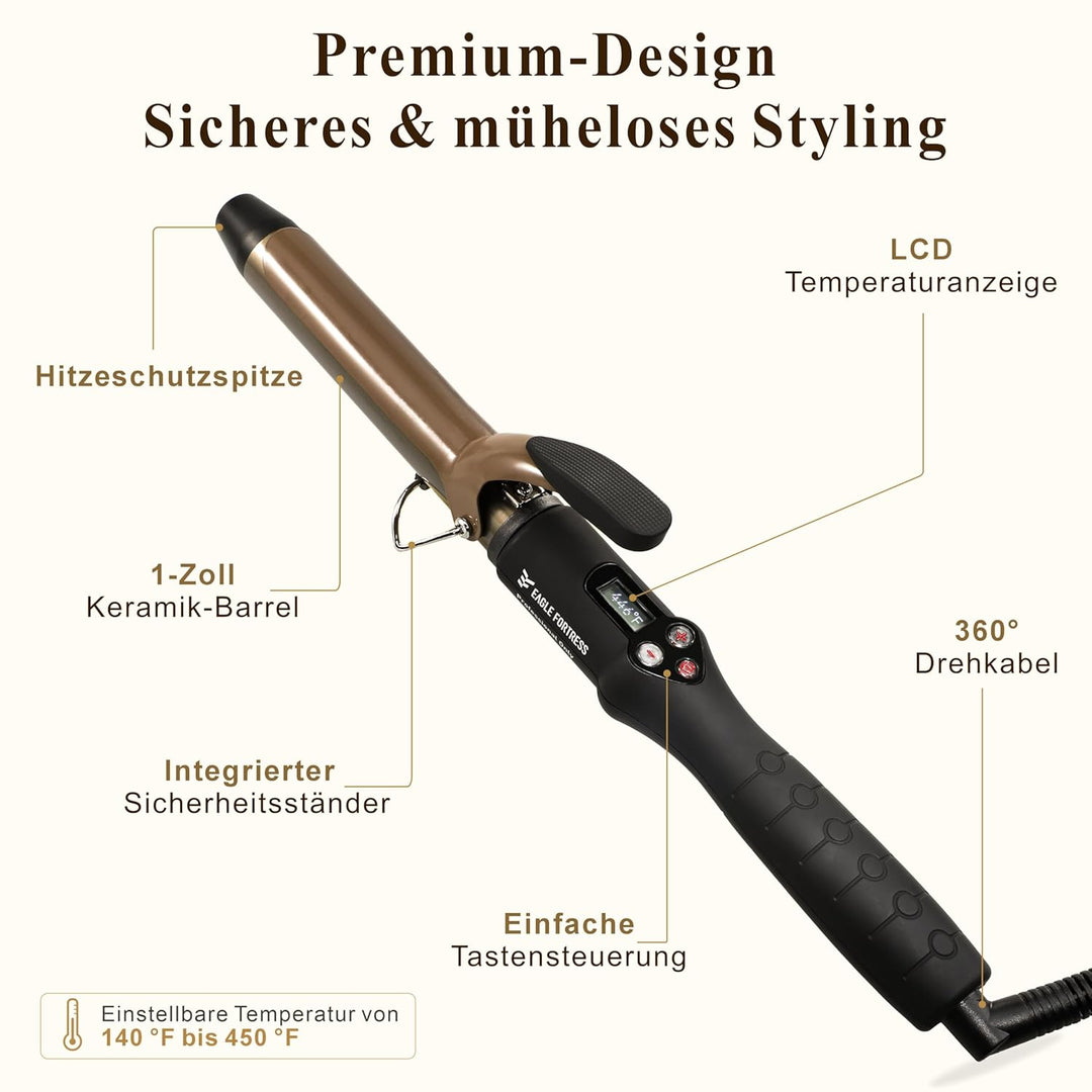 Professioneller Lockenstab mit LCD-Display, 30 Sek. Schnellaufheizung, 60°C–230°C, Keramik-Aluminium