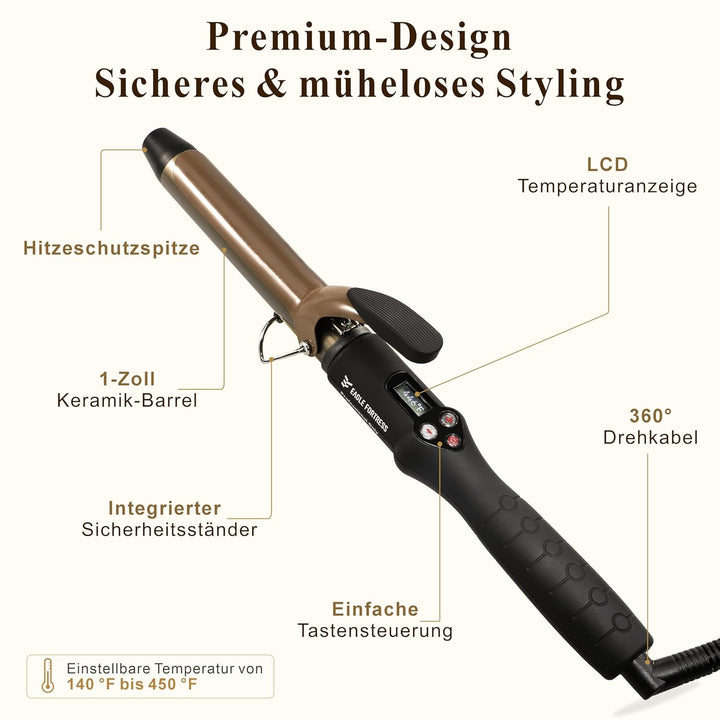 Professioneller Lockenstab mit LCD-Display, 30 Sek. Schnellaufheizung, 60°C–230°C, Keramik-Aluminium