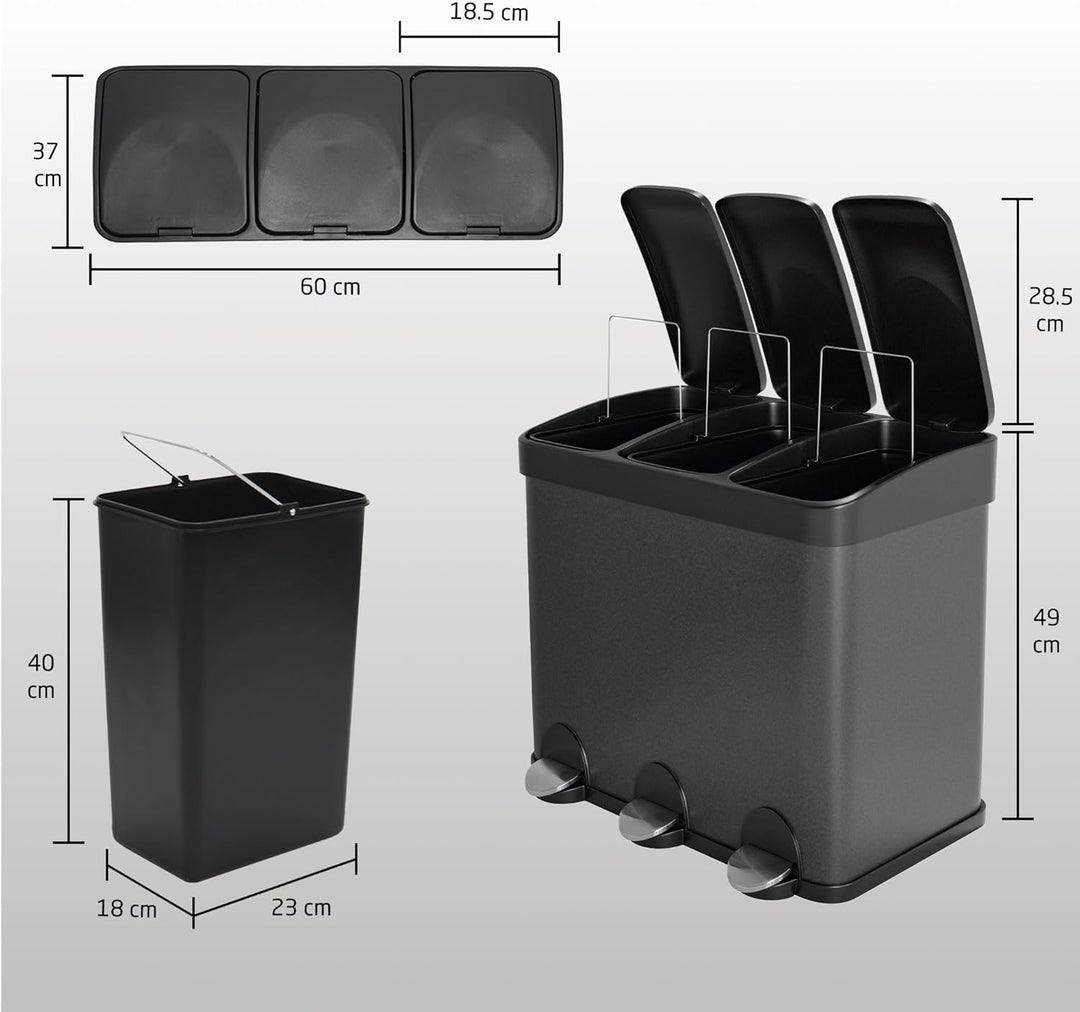 Amig - Dreifacher Mülleimer mit Pedalen 45 Liter | 3 herausnehmbare 15-Liter-Fächer | Recyclingbehäl
