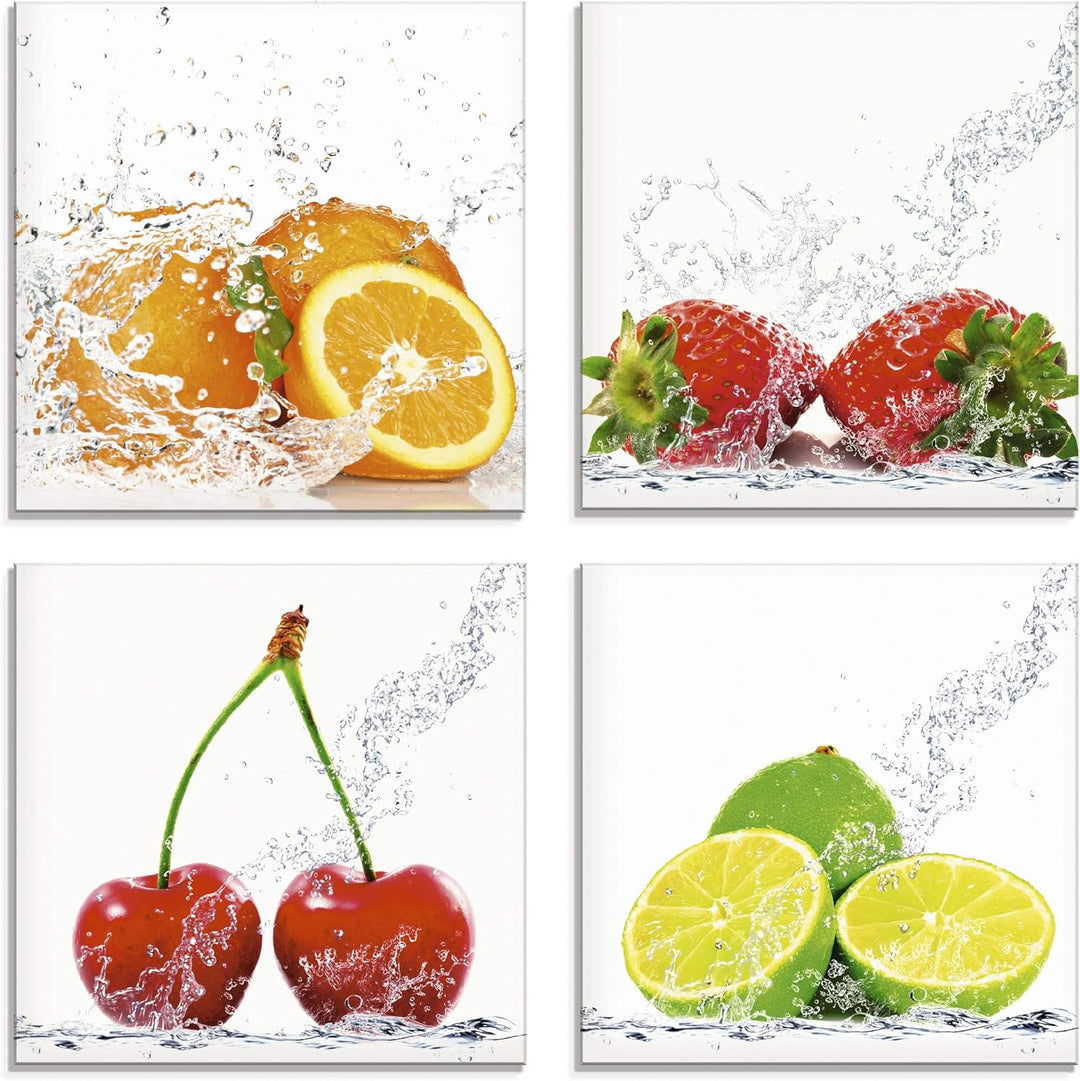 ARTland Glasbilder Wandbild Glas Bild Set 4 teilig je 30x30 cm Quadratisch Früchte im Wasser Obst Fr