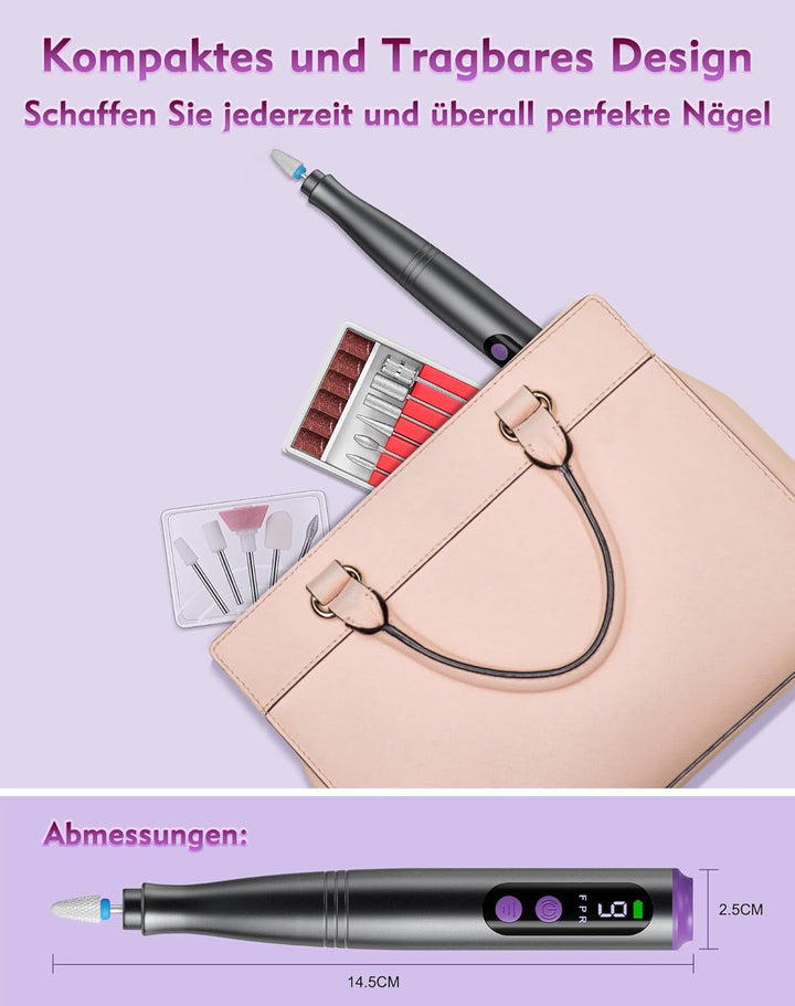 Nagelfräser Kabellos, 12 in 1 Elektrische Nagelfeile 9 Verstellbare Geschwindigkeit Fräser für Gelnä