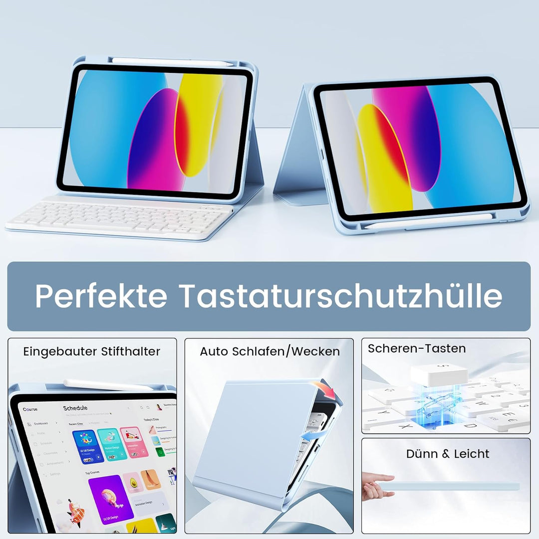 Hülle mit Tastatur für iPad 11/10 Generation mit Stifthalter, Magnetisch Abnehmbare Kabellose Blueto