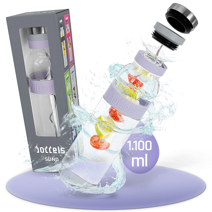 boddels Glaskaraffe mit Deckel und Sieb 1.100ml, Rutschfester Griff, Glaskaraffe mit Fruchteinsatz,