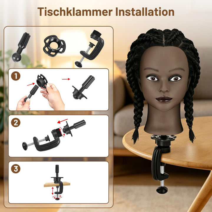 TwoWin 16 Zoll /40 cm Afro Trainingsköpfe für Friseure, Frisierkopf mit 100% Echthaar, Übungskopf Af
