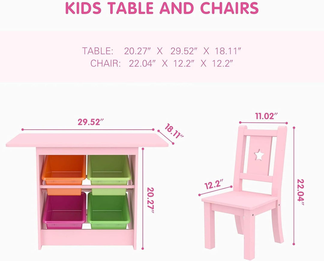 Kinder Tisch und Stuhl Set - Kindertische Massivholz und Rosa - Tisch mit 4 Aufbewahrungsboxen, Star