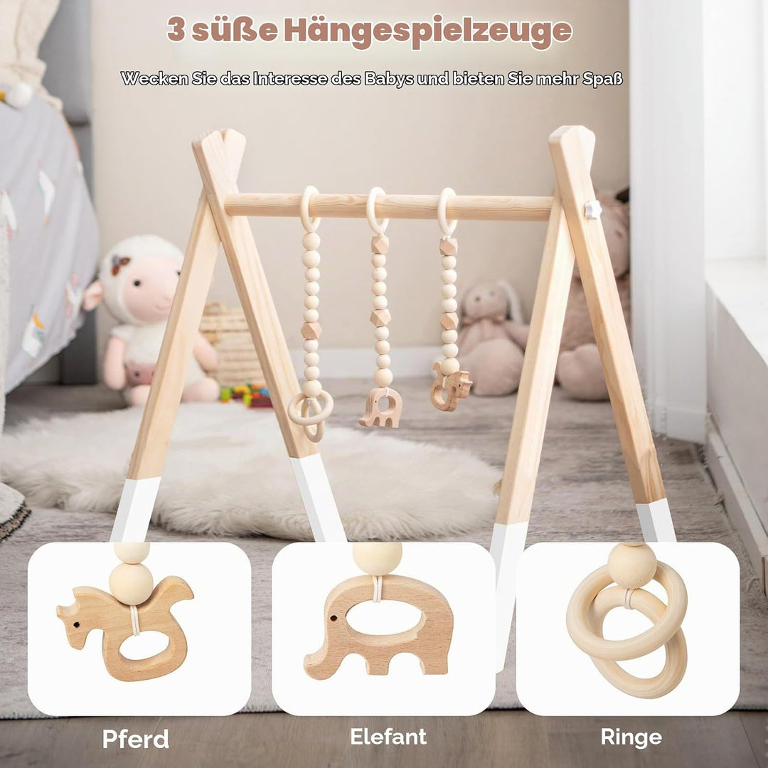 LIFEZEAL Spieltrapez Holz, Babyspielgerät Mit 3 Spielzeugen, Holzspielzeug, Turnhalle Klappbar für B