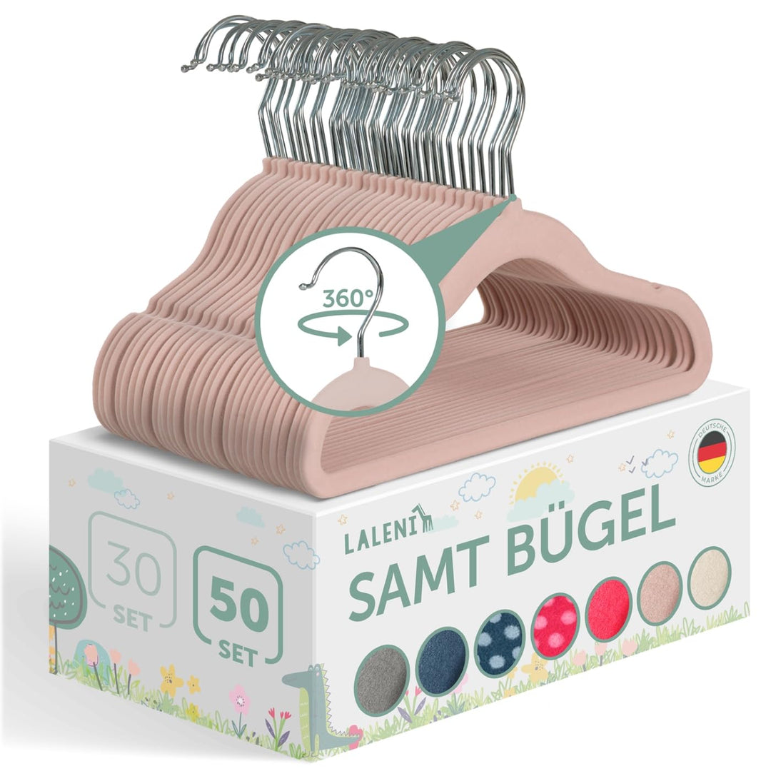 Blumtal Kinderkleiderbügel 50 Stück mit Samtbezug - 360° drehbare Kinder Kleiderbügel - platzsparend