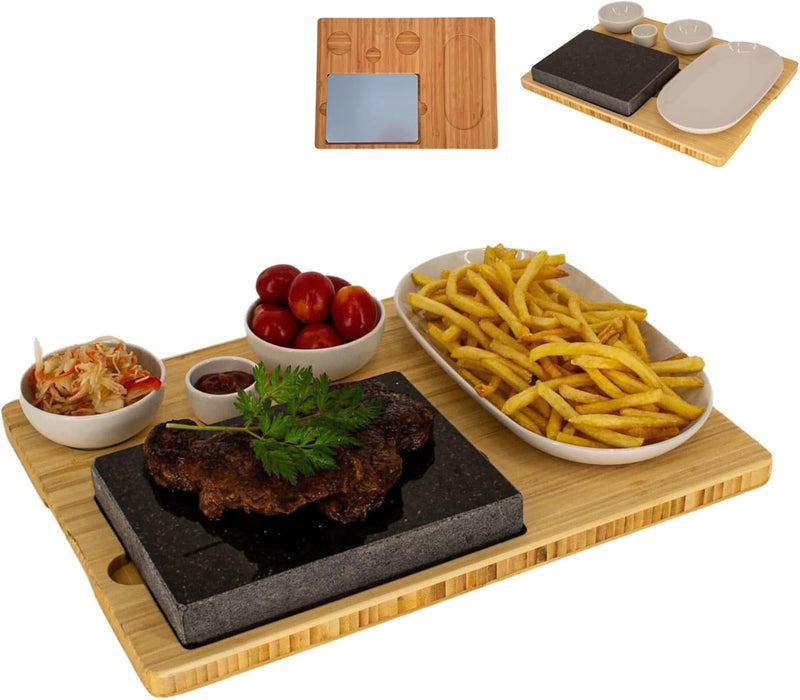 Lavastein Steakbrett, Servierplatte, Bambusbrett mit Hot Stone Grill, Steak Grillplatte, Steinplatte