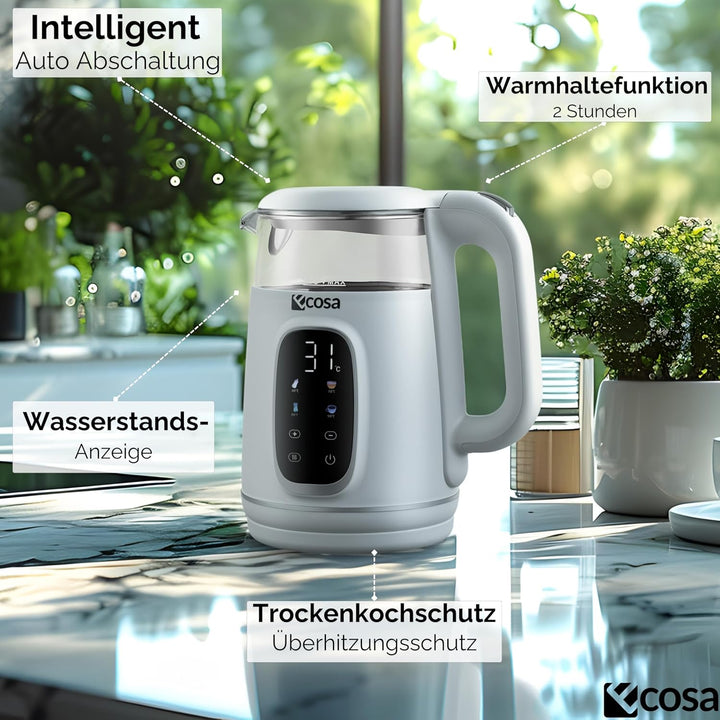Ecosa® Wasserkocher mit Temperatureinstellung Glas Edelstahl - Teekocher - 1,7 Liter 2.200 Watt - BP