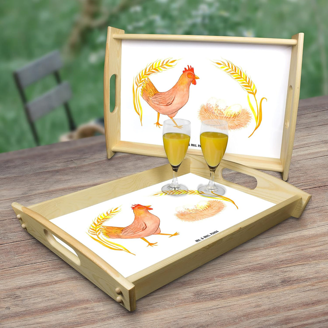 Mr. & Mrs. Panda Serviertablett Huhn Stolz - Geschenk, Servier Tablett, Hahn, Bauernhof, aus Holz, S