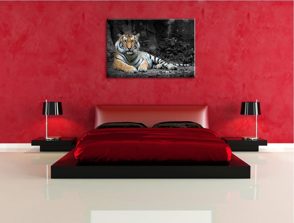 ruhender Löwe schwarz/weiss Format: 100x70 auf Leinwand, XXL riesige Bilder fertig gerahmt mit Keilr