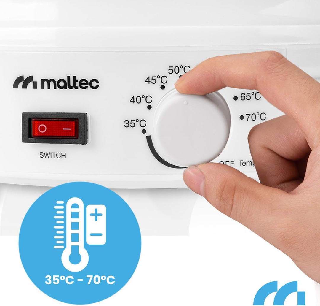 Maltec Dörrautomat Dörrgerät mit 5 Einlegefächer, Lebensmitteltrockner 35-70°C, 24h-Timer, Obsttrock