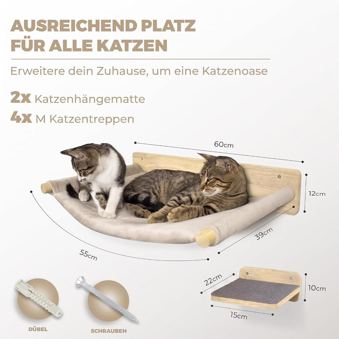 WOOWOOD Katzen Kletterwand 6-teilig, 2 Hängematten, 4 Katzentreppen | Wandmontage ohne Bodenfläche,