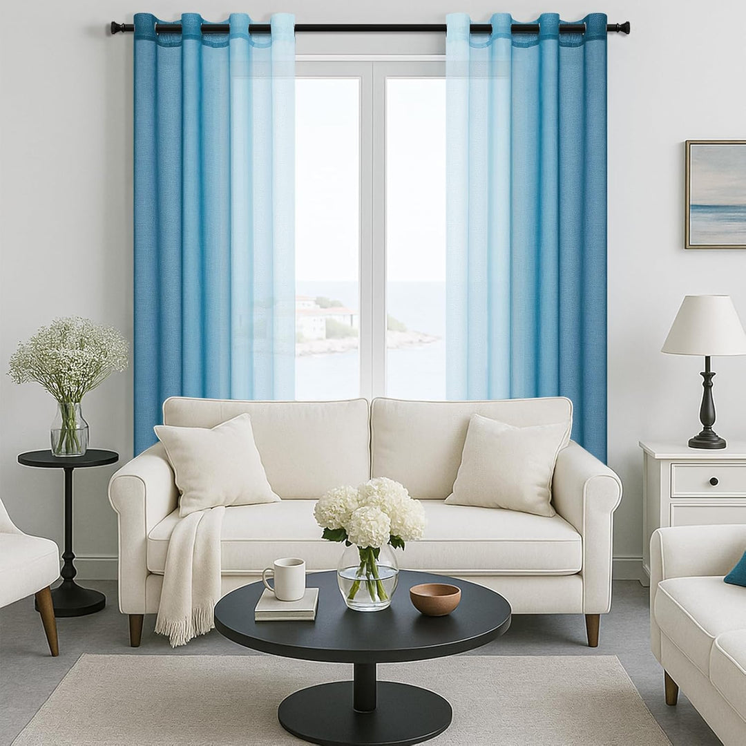 MRTREES Gardinen Voile mit Ösen Wohnzimmer Modern 2er Set Farbverlauf Tealblau, Vorhang Transparent