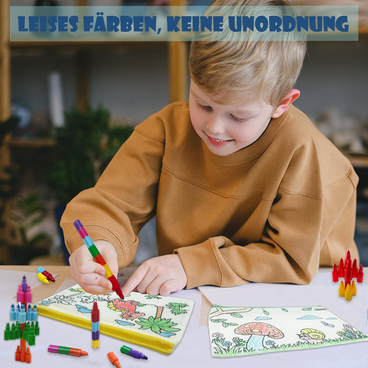 ICEPAPA, 12 Federmäppchen zum Bemalen für Kinder und 12 Wachsmalstifte Stapelbar (12 Farben in 1), P