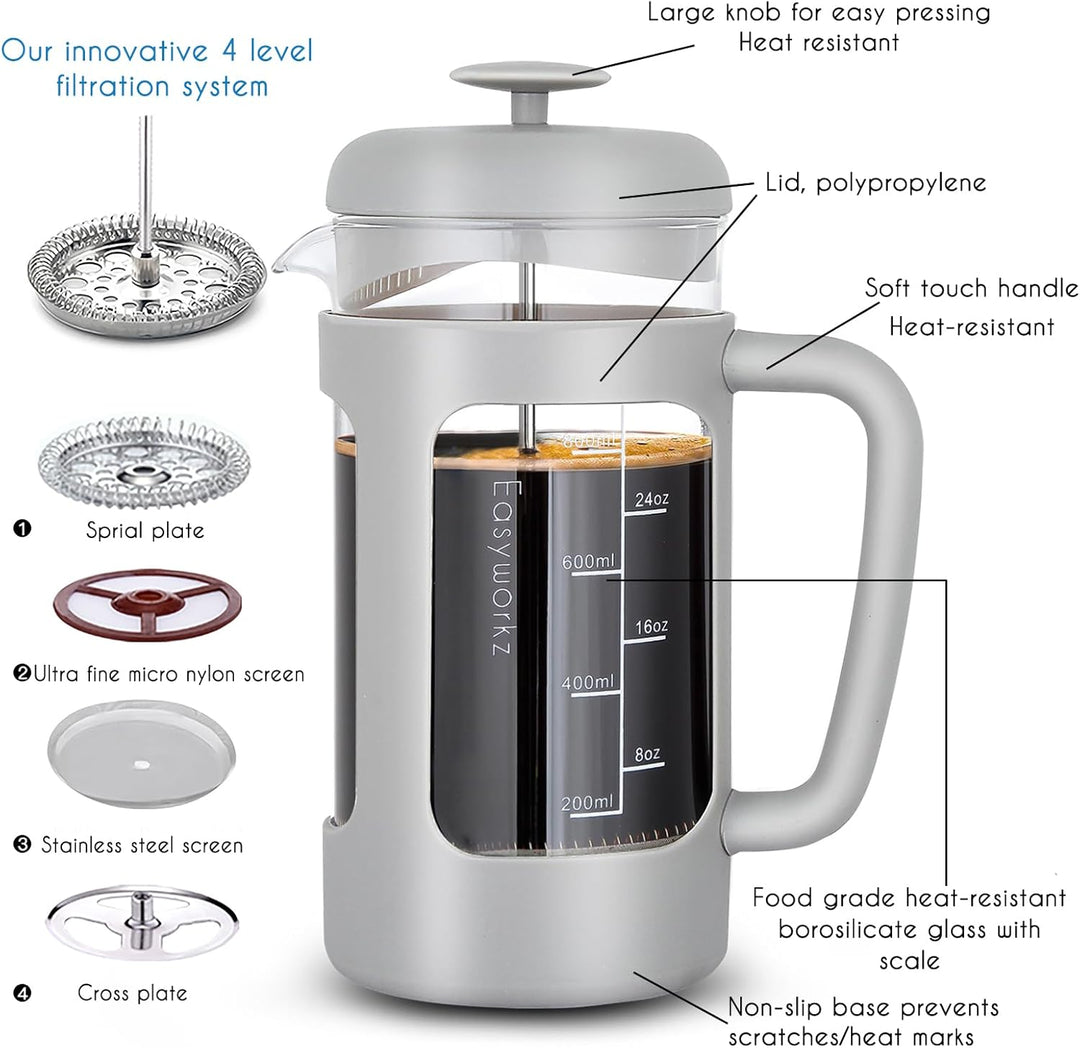 Easyworkz French Press 1000 ml Kaffee-/Teezubereiter mit Borosilikatglas, Softgrip-Griff, Hellgrau H