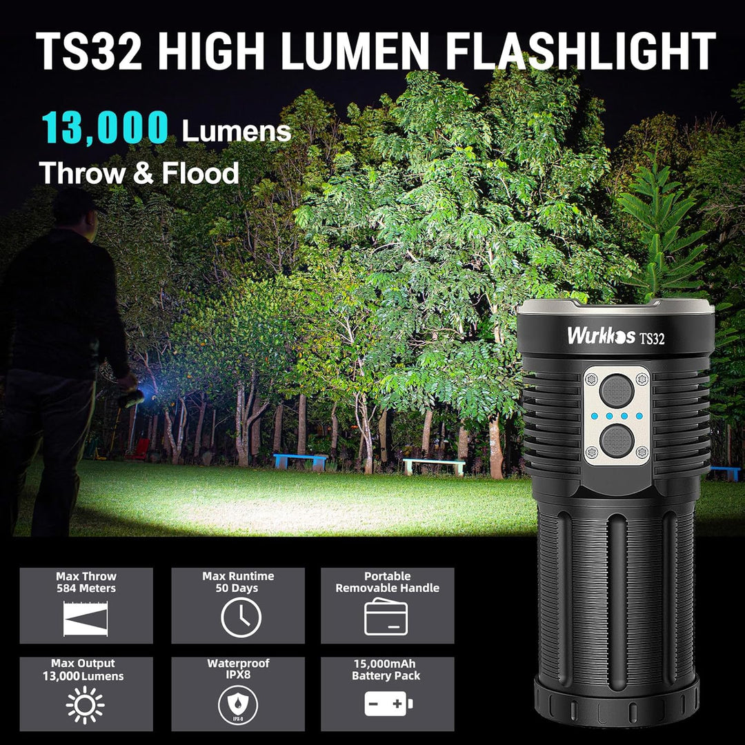 Wurkkos TS32 Taschenlampe USB C Wiederaufladbar, 15000 Lumen Taschenlampe mit leistungsstarken 12*Ni