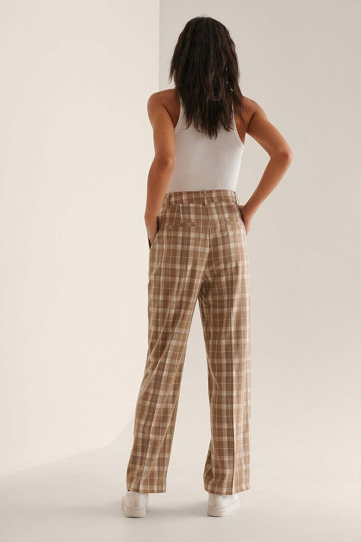 NA-KD Damen Loose Fit Suit Pants Hose 32 Beige Kariert, 32 Beige Kariert