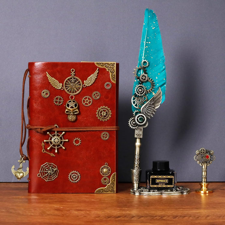 MPRINCE Schreibfeder Tinte Set Leder Notizbuch mit Quill Stift, Notizbuch, 5 austauschbare Schreibfe