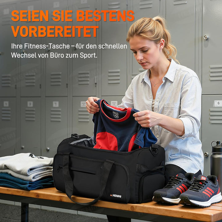 HENMI Sporttasche &amp; Reisetasche für Herren und Damen, 43L Gross gymbag mit Schuhfach und Nassfach, F
