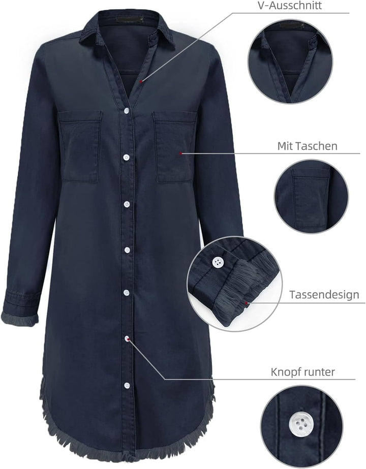 Zilcremo Damen V-Ausschnitt Blusenkleid Hemdkleid Jeanskleider Langarm Knopf Runter Shirtkleid Tunik