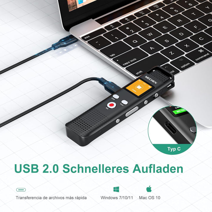 MECHEN V02 Diktiergerät 64GB, 1536Kpbs Digitales Aufnahmegerät mit One-Touch Aufnahme &amp; Rauschunterd