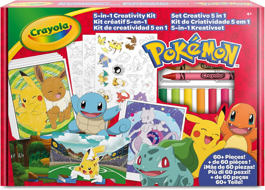 CRAYOLA - Pokémon 5-in-1 Kreativset, mit Ausmalblättern, Markern, Buntstiften, Aufklebern, 60 Stück,