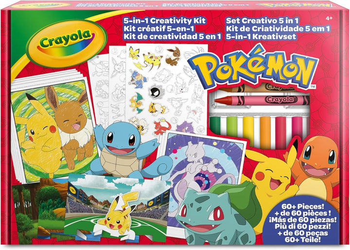CRAYOLA - Pokémon 5-in-1 Kreativset, mit Ausmalblättern, Markern, Buntstiften, Aufklebern, 60 Stück,
