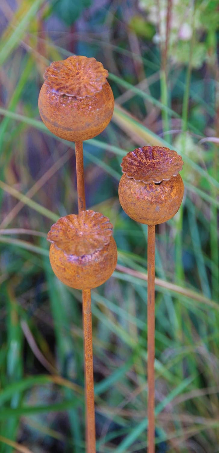 Bornhöft 3er Set Gartenstecker Mohn Mohnkapsel Metall Rost Gartendeko Edelrost Rankstab Beetstecker