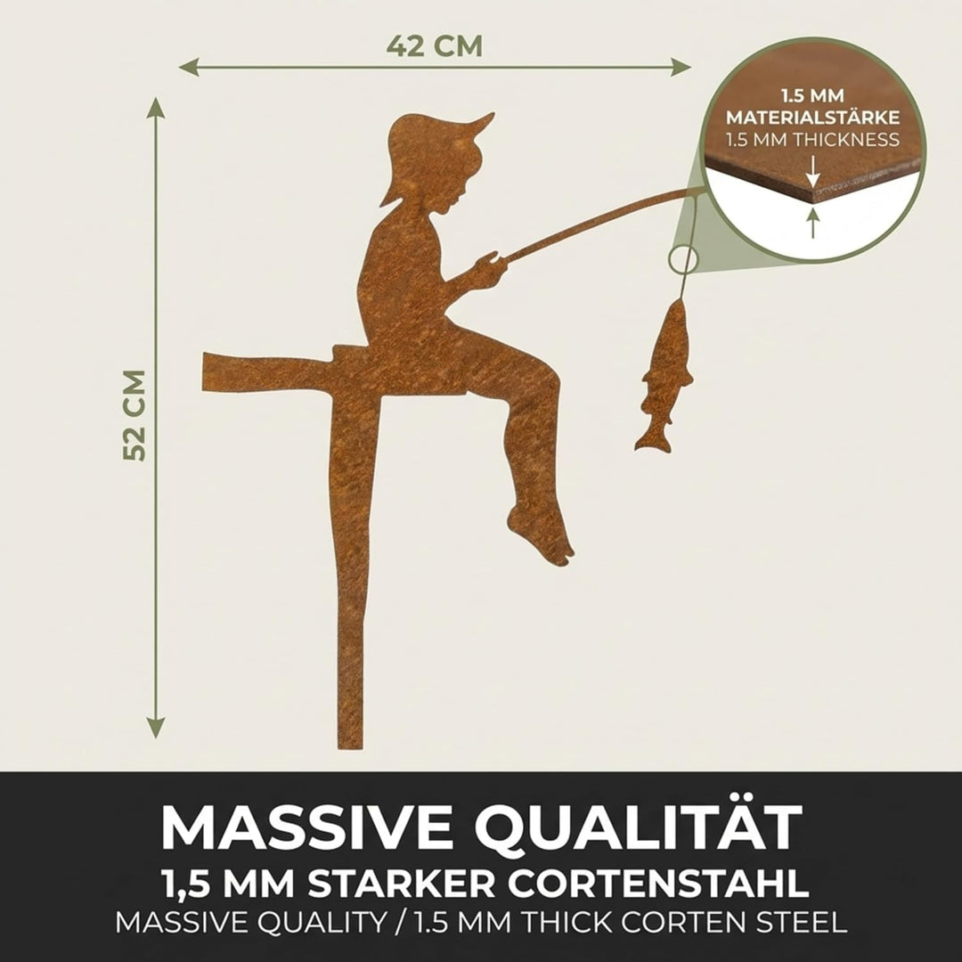 Edelrost Angler Gartenstecker-einfach einsteckbare Rostdeko aus hochwertigem Cortenstahl für Garten,