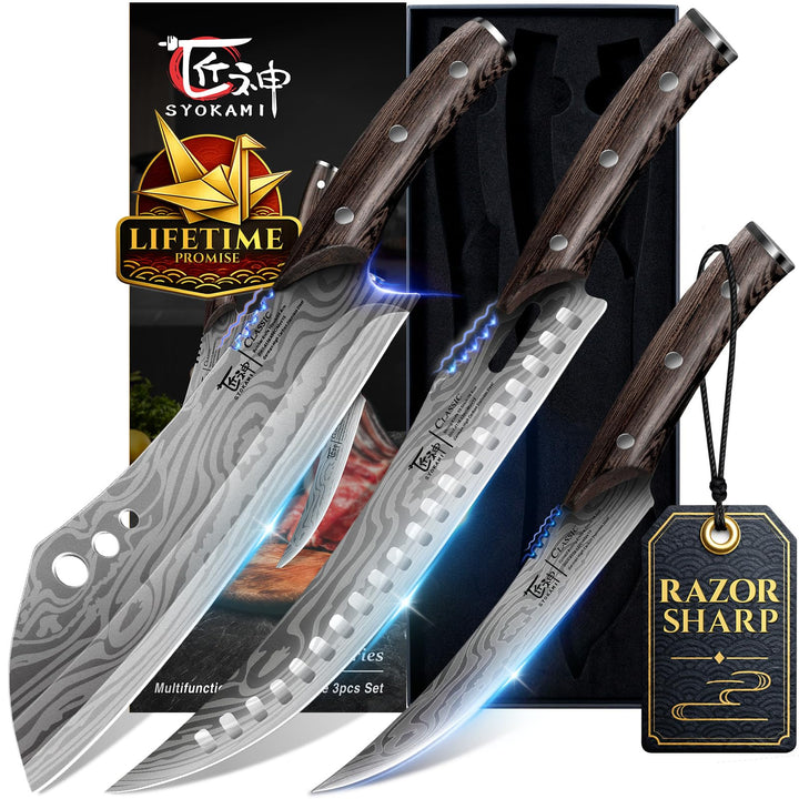 Fleischermesser Set, 3-teilig, Küchenmesser zum Schneiden von Fleisch, Hackmesser, Ausbeinmesser & Z