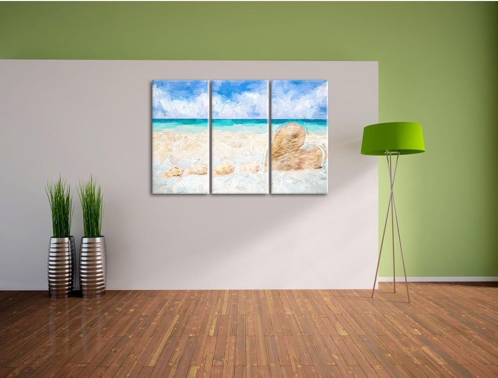 Pixxprint Sandstrand mit Muscheln als Leinwandbild/Grösse: 3 Teilig (120x80) cm/Wandbild/Kunstdruck/