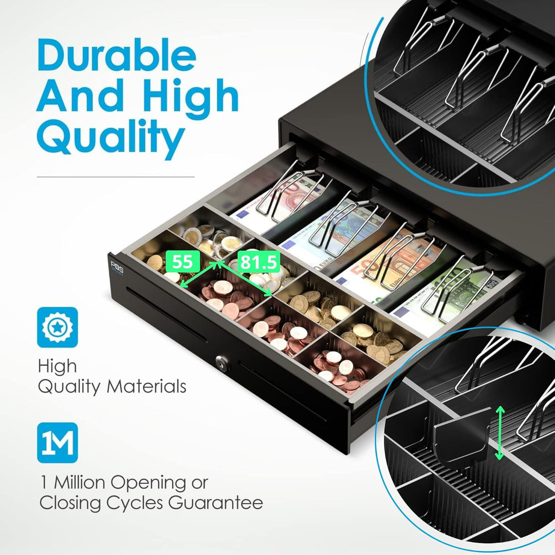 Kassenschublade - Professionelle, Elektrisch (RJ11-12) / Manuell Öffnen - 4 Scheinfächer / 8 grosse