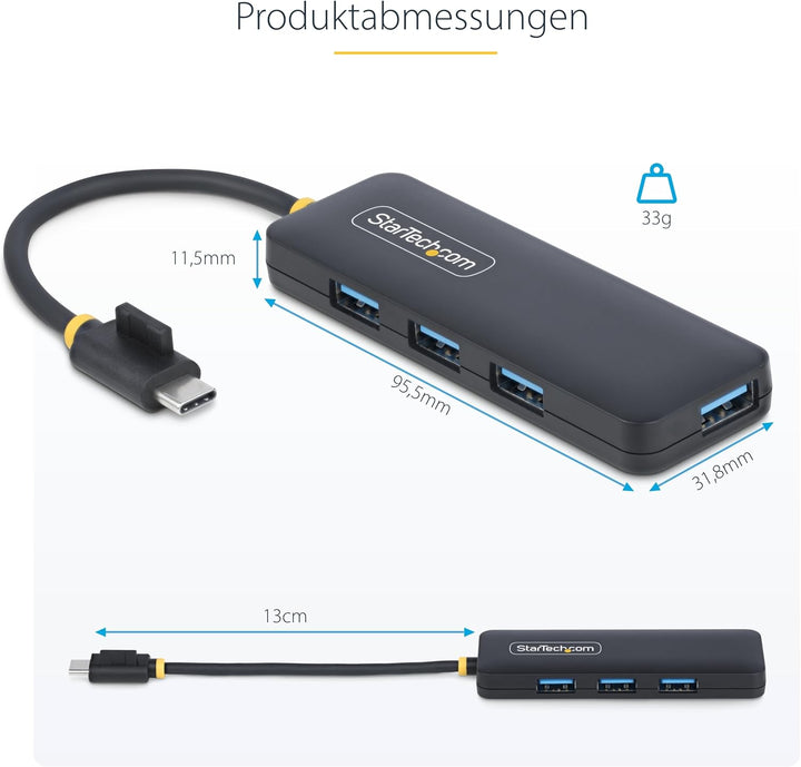 StarTech 4-Port USB-C Hub, USB-C zu 4X USB-A, Busbetrieben, Mini Hub, Multi-Port USB 3.0 Splitter, D