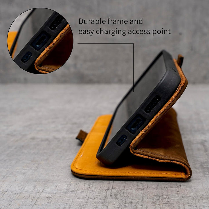 Porter Riley - Lederhülle für iPhone 14 Pro. Premium Echtleder Standhülle/Ledertasche/Brieftasche mi