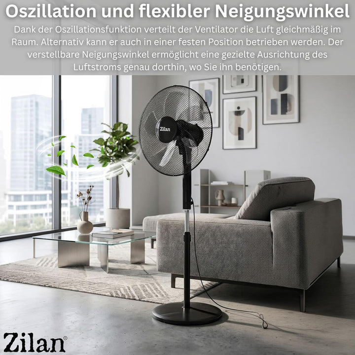 Zilan Standventilator Ø43cm leise mit Fernbedienung & Timer – 48W Leistungsstarker Ventilator energi
