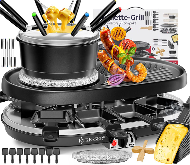 KESSER® 3in1 Raclette-Grill mit Naturgrillstein, Grillplatte und Fondue, Tischgrill für 8 Personen,