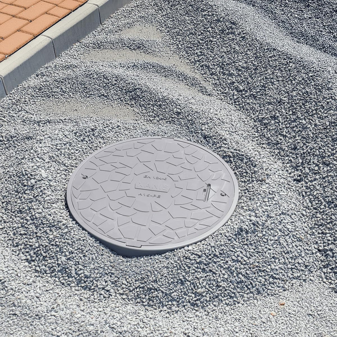 Schachtdeckel aus Kunststoff DN600 mit Rahmen Ø 800mm, A15 bis 1,5T + Verriegelung, Farbe:grau, Grau