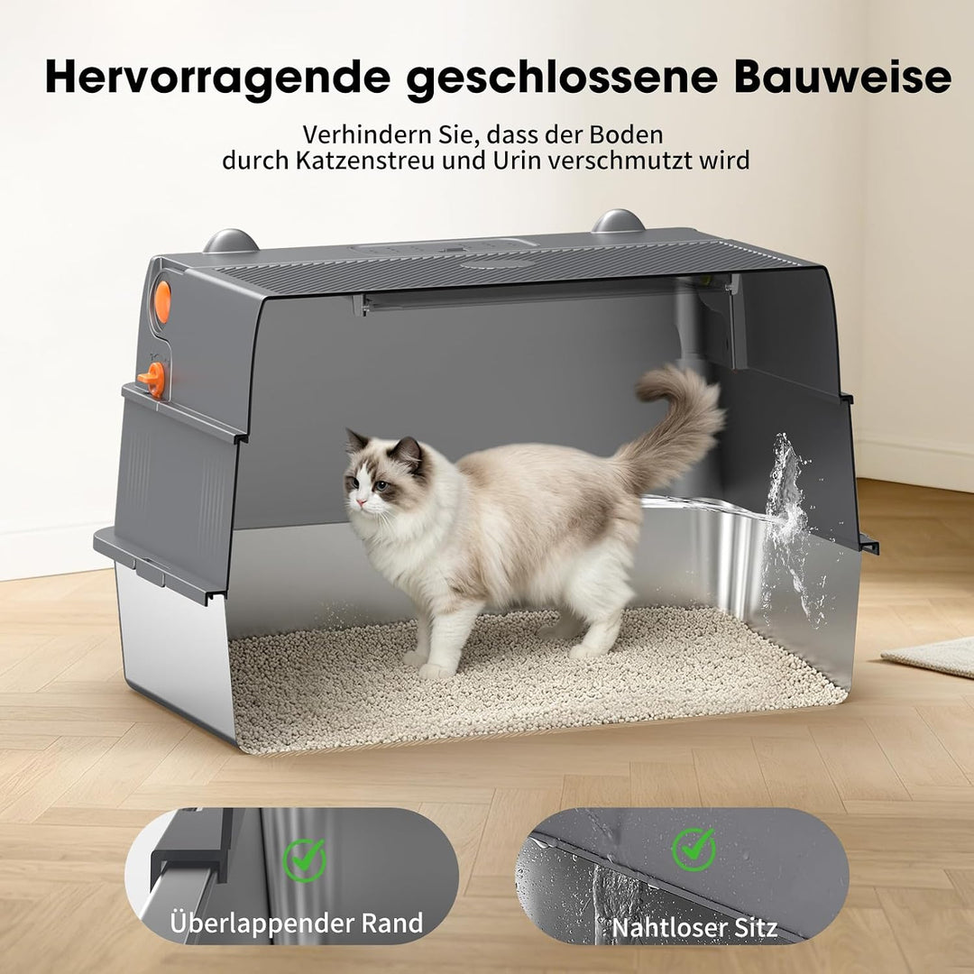 Edelstahl Katzentoilette Geschlossen 100° Klappdeckel,Dunkelgrau | Metallwanne, Vollständige Öffnung