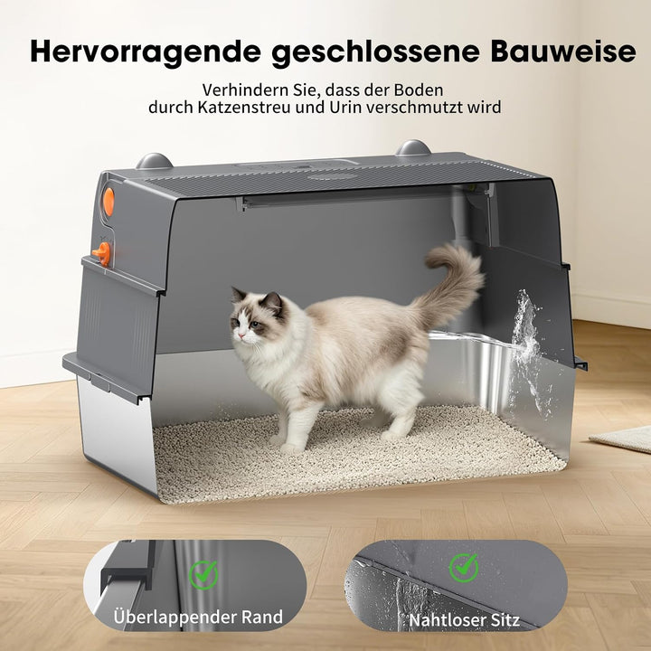 Edelstahl Katzentoilette Geschlossen 100° Klappdeckel,Dunkelgrau | Metallwanne, Vollständige Öffnung
