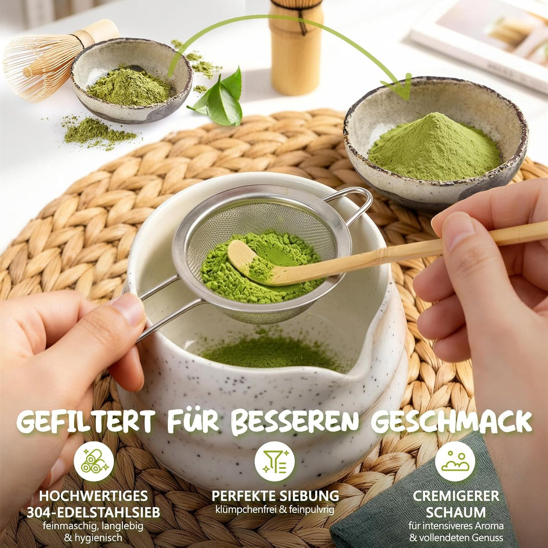 Matcha Set 7-teilig | Premium Tee-Zeremonie Set mit Matcha-Schale, Bambus-Chasen (100+ Spitzen), Hal