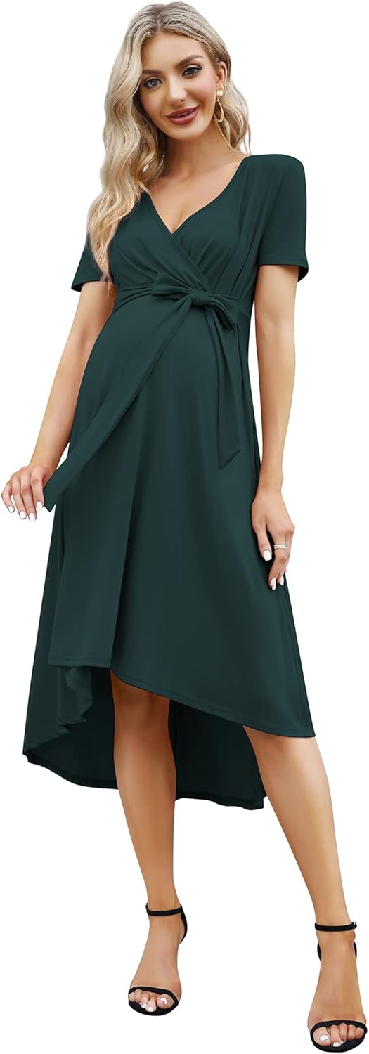 KOJOOIN Damen Umstandskleid Festlich Stillkleid V-Ausschnitt Kurzarm Schwangerschaftskleid mit Taill