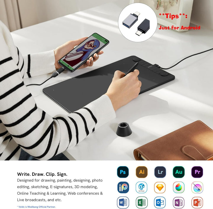 Grafiktablett VEIKK VK1060PRO V2,10 x 6 Zoll Zeichentablett mit 8 Tastenkombinationen mit Batterielo
