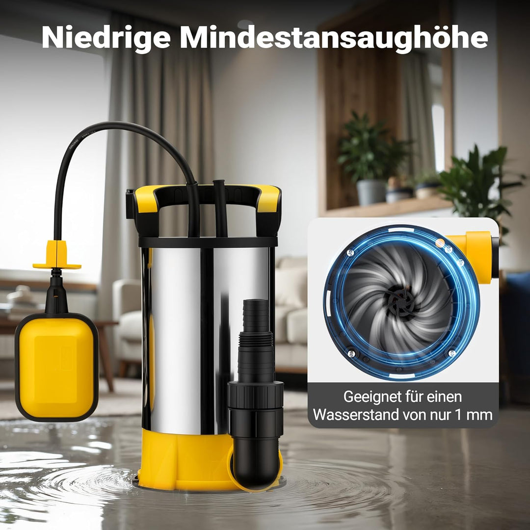 Wiltec Tauchpumpe mit Schwimmer Edelstahl 900 W, flachabsaugende Pumpe bis 1 mm, Tiefbrunnenpumpe bi