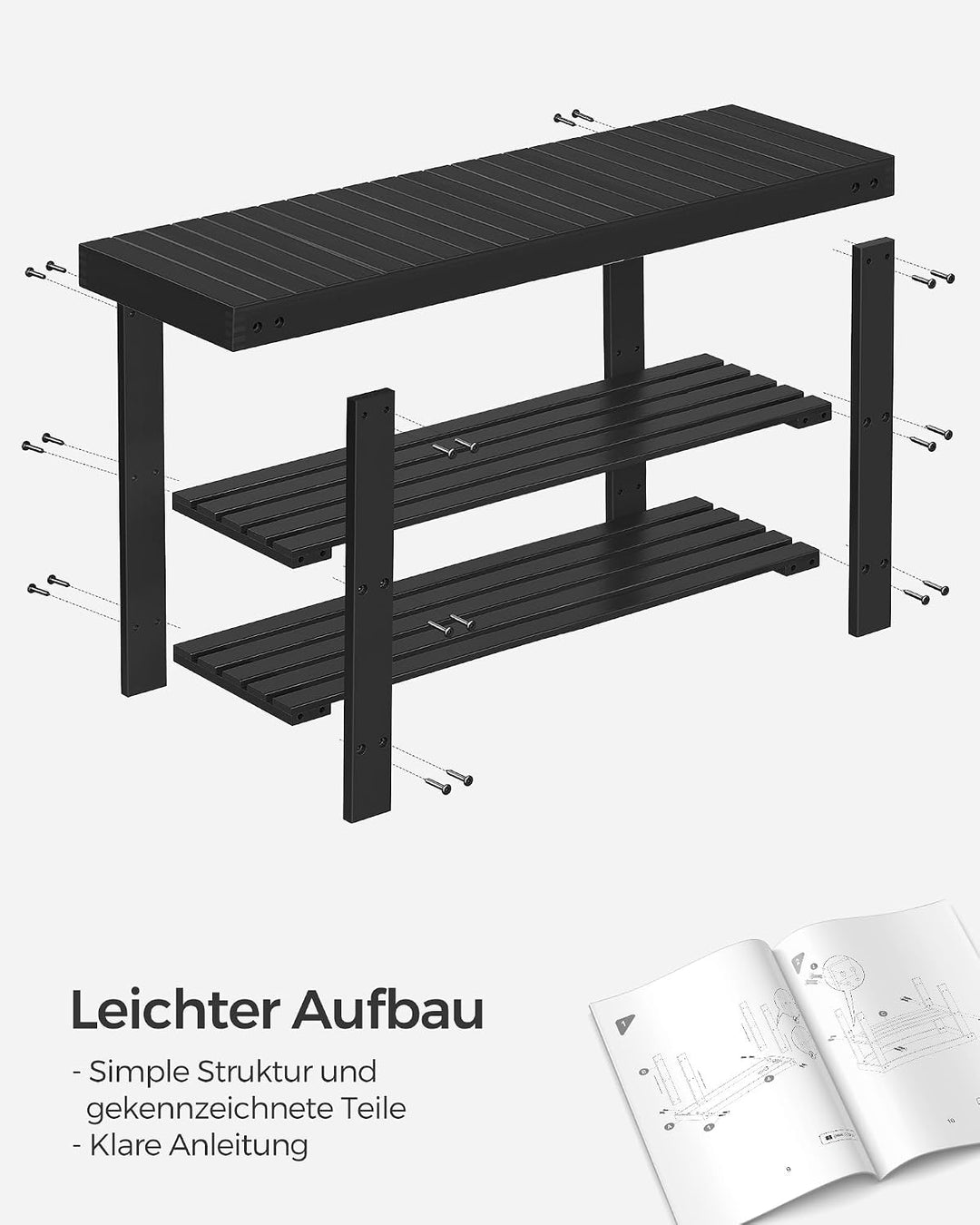 SONGMICS Schuhbank, Schuhregal mit 3 Ebenen, Schuhablage aus Bambus, bis 130 kg belastbar, 28,7 x 90